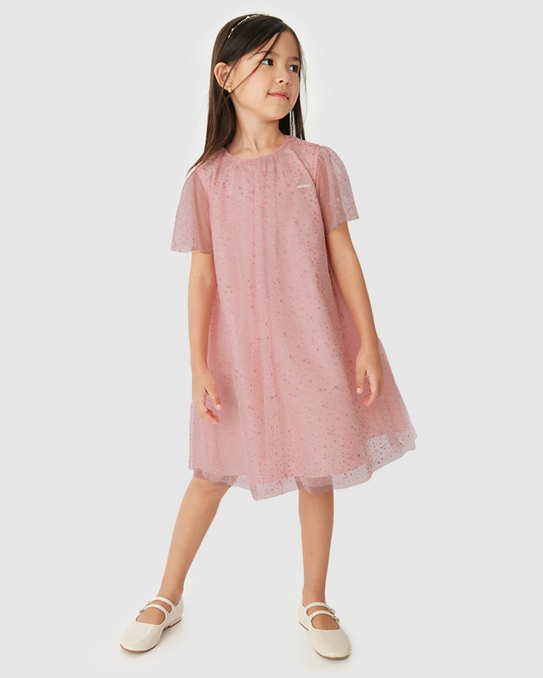 Vestido Menina Amplo Abertura Costas Em Tule Foil - Carinhoso