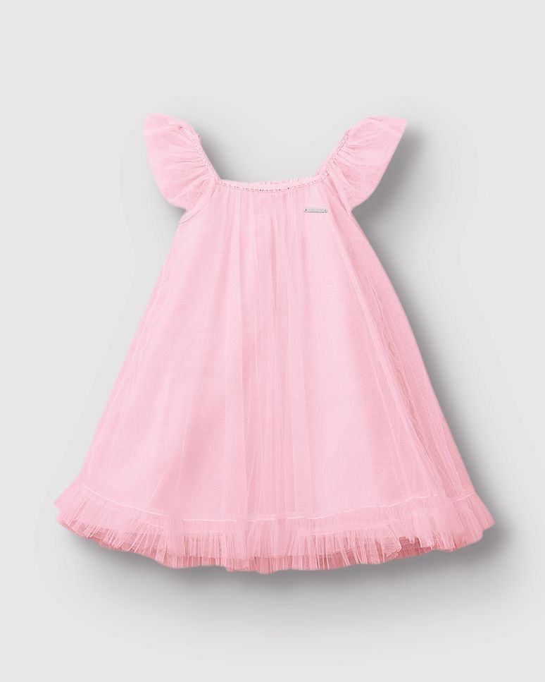 Vestido Menina Evasê Decote Reto E Alças Em Tule - Carinhoso