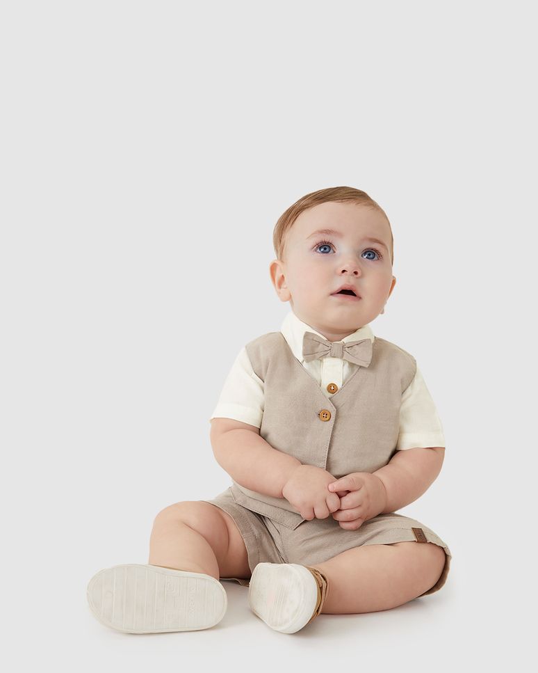Conjunto Bebê Menino Colete + Camisa E Bermuda Em Tecido Plano - Carinhoso