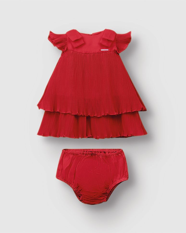 Conjunto Bebê Menina Vestido Crepe Plissado + Calcinha Tricoline - Carinhoso