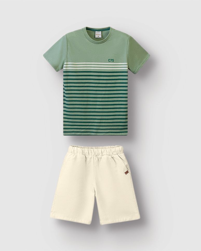 Conjunto Menino Camiseta Com Estampa Listras Em Algodão - Carinhoso
