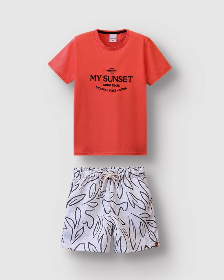 Conjunto Menino Camiseta Bordado My Sunset Good Times Em Algodão - Carinhoso