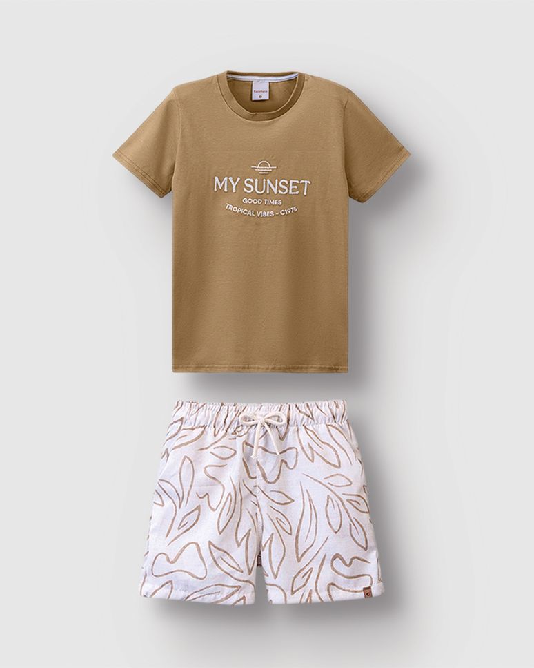 Conjunto Menino Camiseta Bordado My Sunset Good Times Em Algodão - Carinhoso