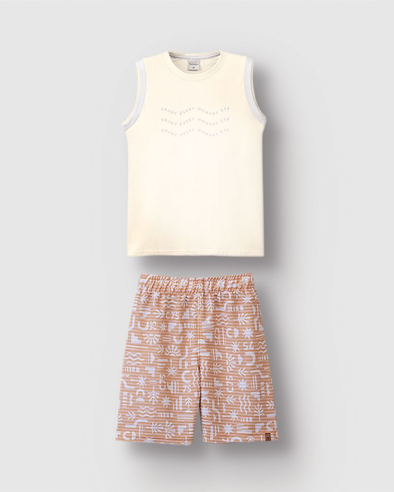 Conjunto Menino Bermuda Estampada Em Moletinho Listrado Linho - Carinhoso
