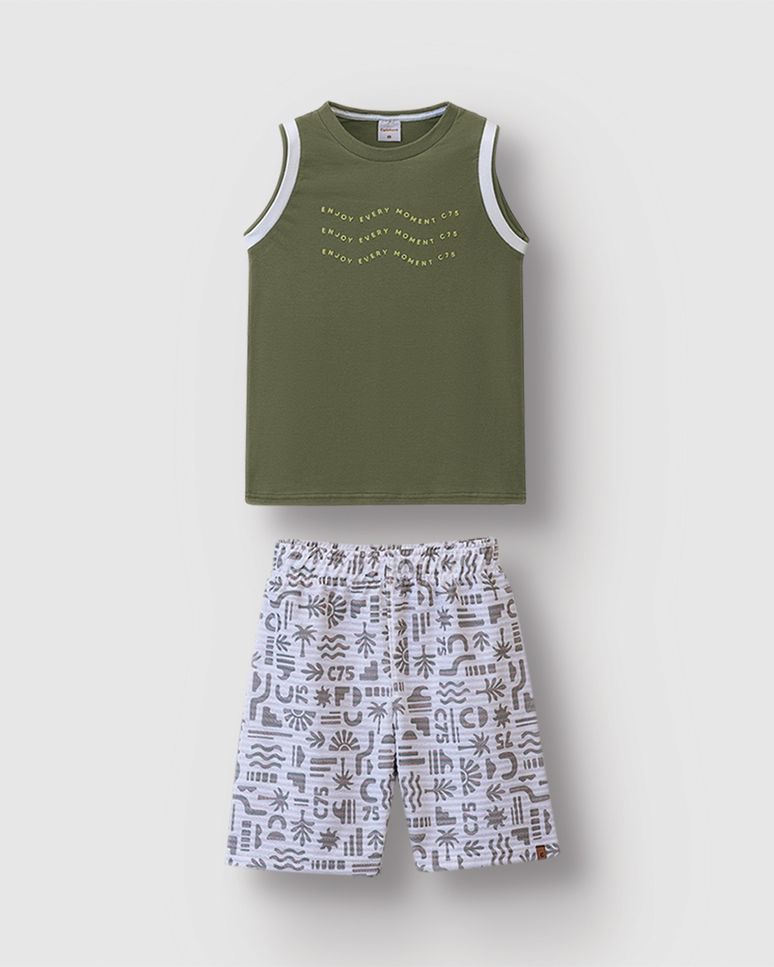 Conjunto Menino Bermuda Estampada Em Moletinho Listrado Linho - Carinhoso