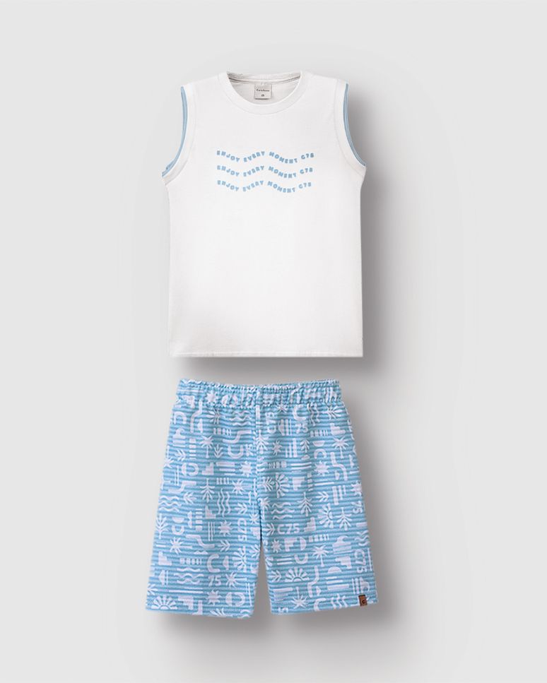 Conjunto Menino Bermuda Estampada Em Moletinho Listrado Linho - Carinhoso
