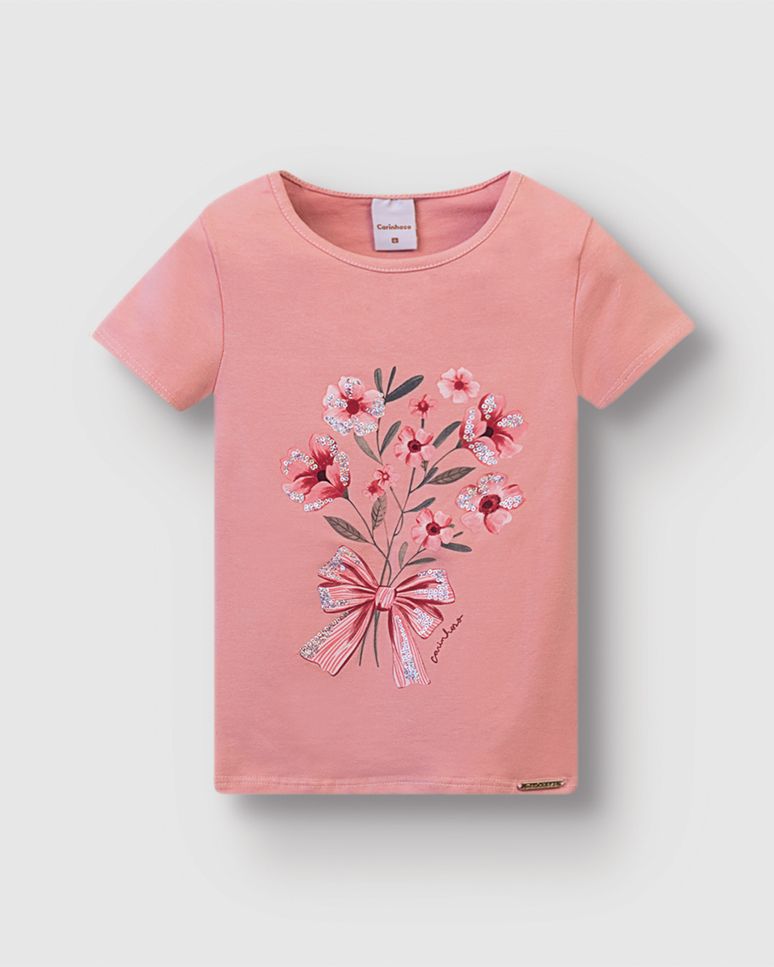 Blusa Menina Estampa Flores Com Bordado Em Algodão - Carinhoso