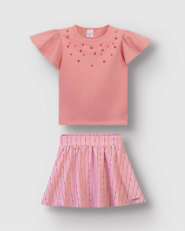 Conjunto Menina Blusa Com Bordado Manga Franzida Em Algodão - Carinhoso