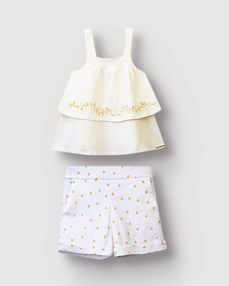 Conjunto Menina Regata Com Bordado E Shorts Estampa Poá - Carinhoso