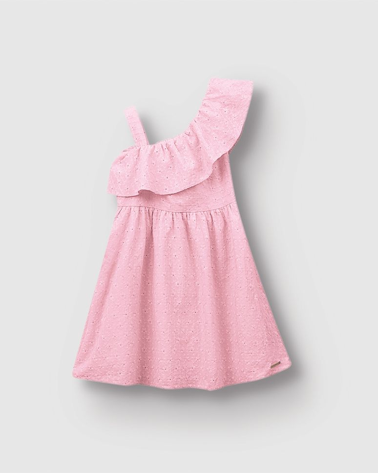 Vestido Menina Acinturado Alça E Babado Em Tecido Bordado - Carinhoso