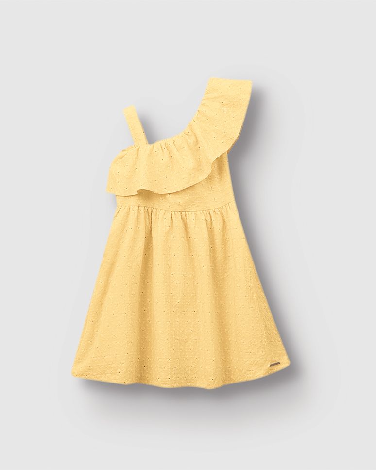 Vestido Menina Acinturado Alça E Babado Em Tecido Bordado - Carinhoso