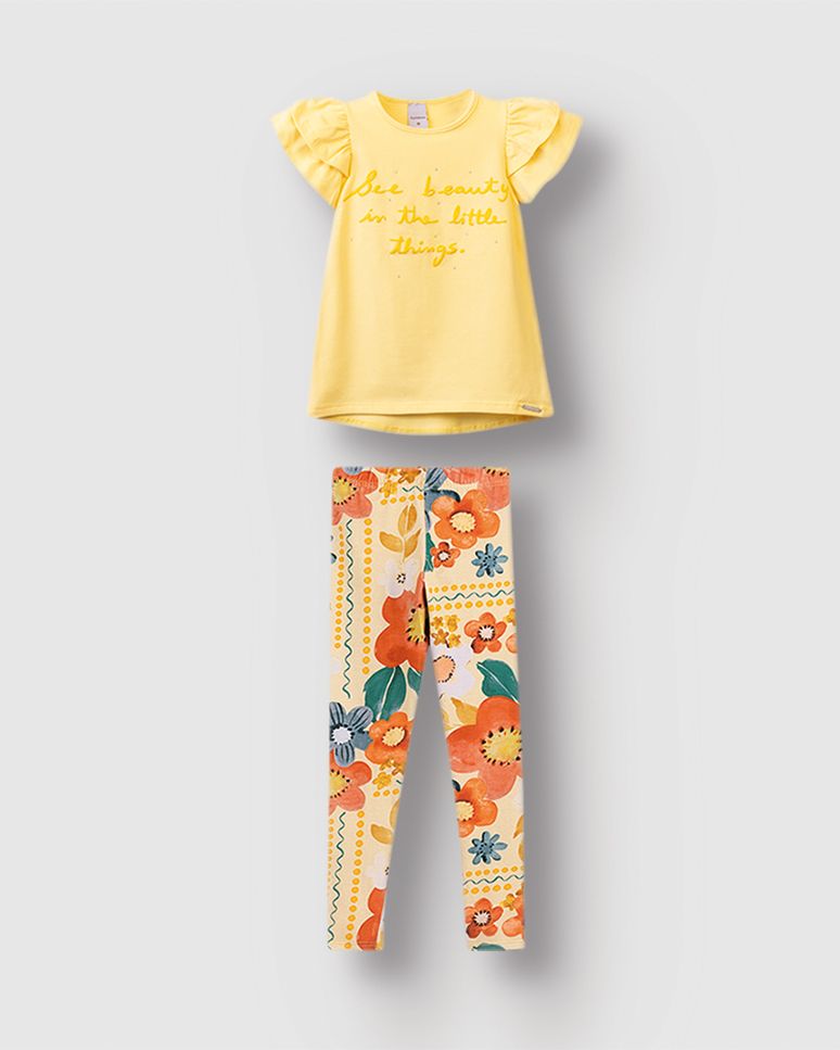 Conjunto Menina Calça Legging Estampa Floral Em Algodão - Carinhoso