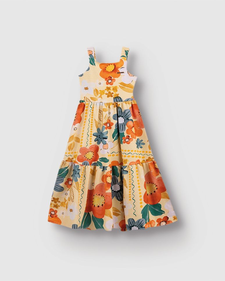 Vestido Menina Midi Estampa Digital Floral Em Algodão - Carinhoso