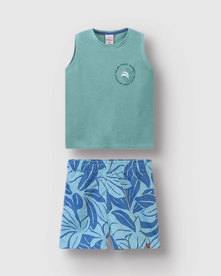 Conjunto Menino Regata E Bermuda Estampada Microfibra - Carinhoso