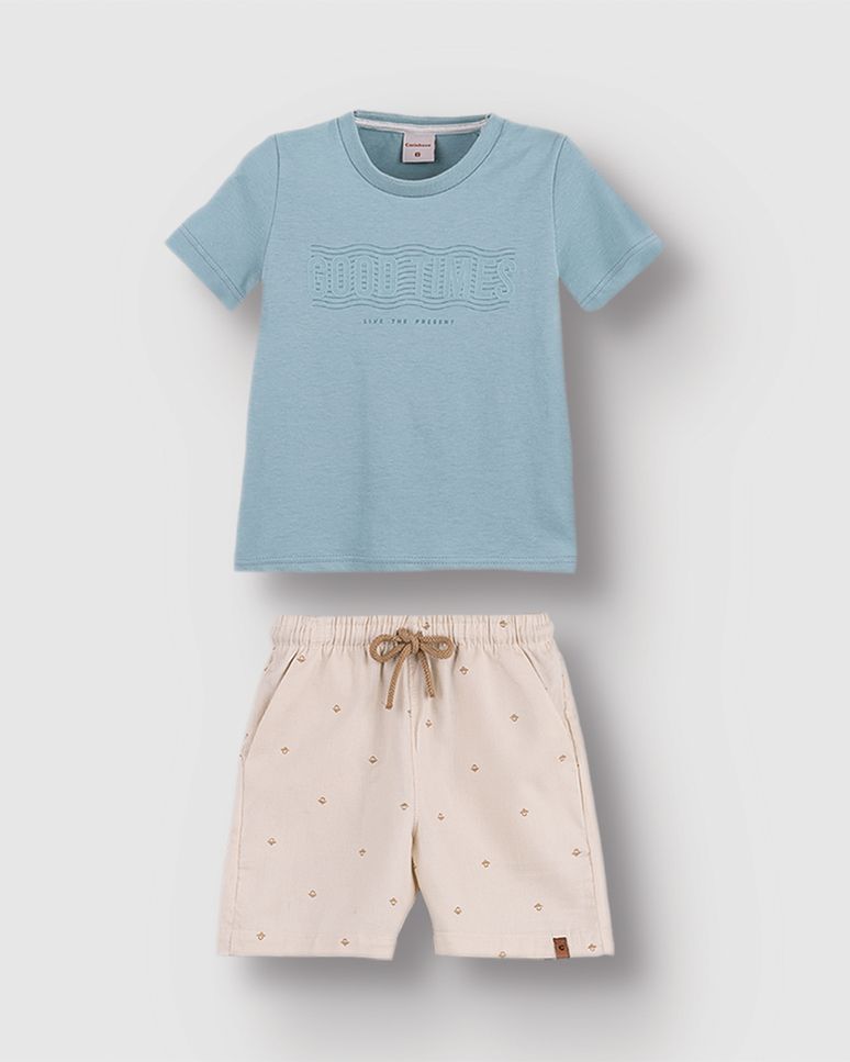Conjunto Menino Bermuda Com Estampa Em Algodão Texturizado - Carinhoso
