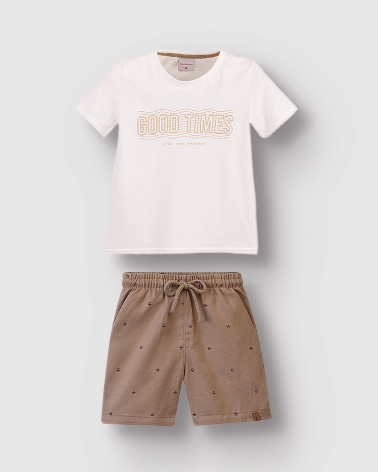 Conjunto Menino Bermuda Com Estampa Em Algodão Texturizado - Carinhoso