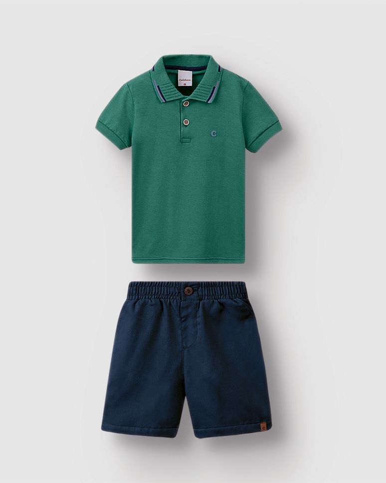 Conjunto Menino Bermuda Cós Elástico Em Algodão Texturizado - Carinhoso