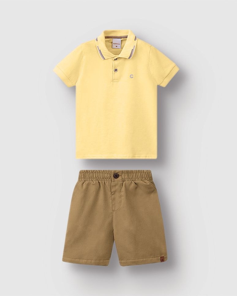 Conjunto Menino Bermuda Cós Elástico Em Algodão Texturizado - Carinhoso