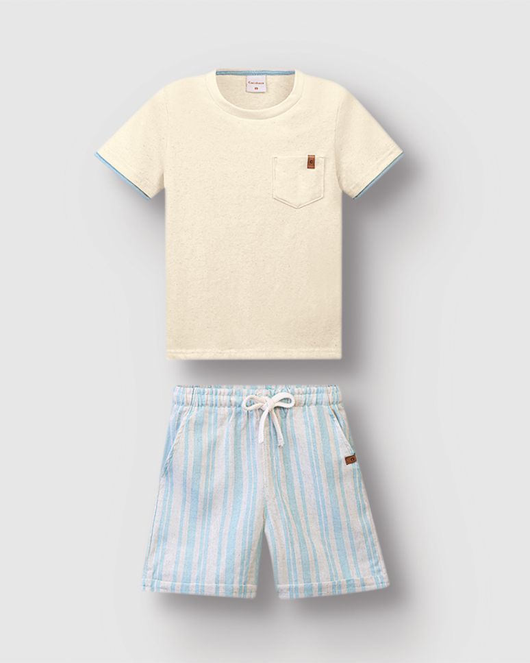 Conjunto Menino Camiseta E Bermuda Listrada Em Malha Linho - Carinhoso