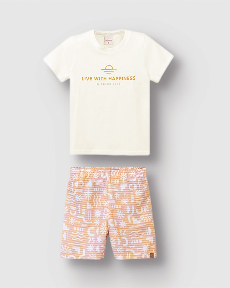 Conjunto Menino Bermuda Estampada Em Moletinho Listrado Linho - Carinhoso