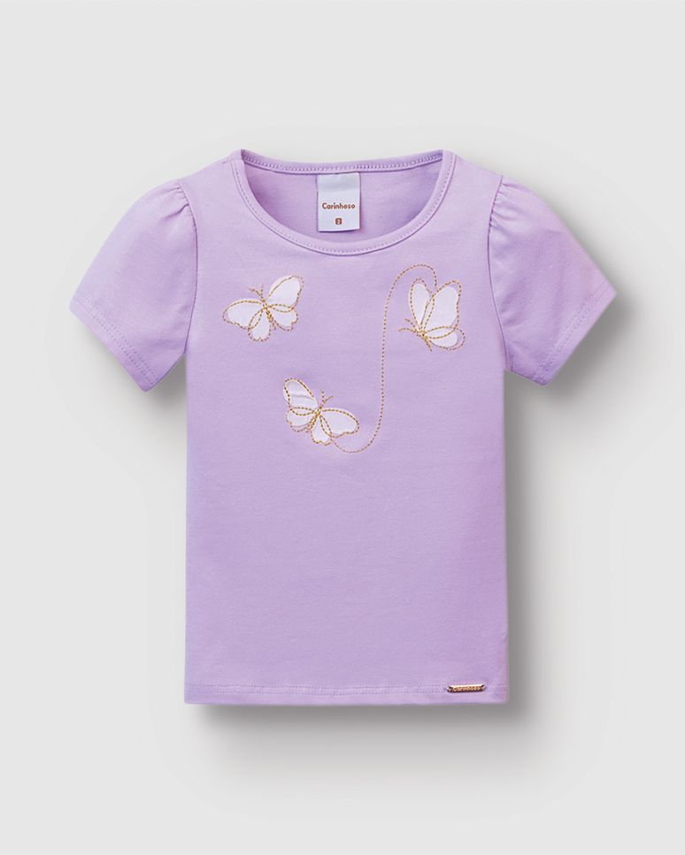 Blusa Menina Bordado Com Aplique Borboletas Em Algodão - Carinhoso
