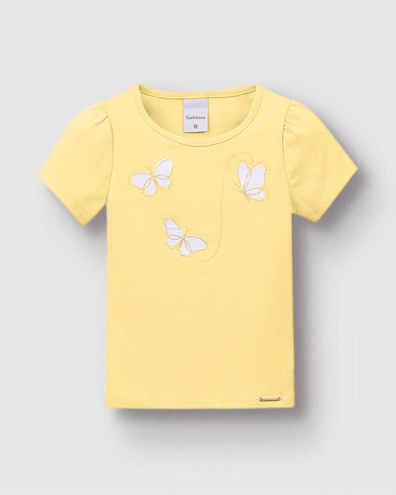 Blusa Menina Bordado Com Aplique Borboletas Em Algodão - Carinhoso