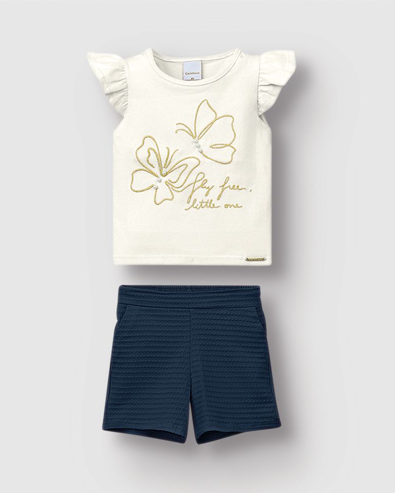 Conjunto Menina Blusa Bordado Com Aplique Pérolas Em Algodão - Carinhoso