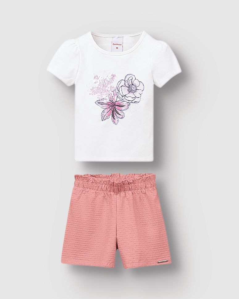 Conjunto Menina Blusa Estampa Flores Bordado Lantejoula - Carinhoso