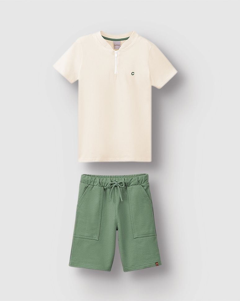 Conjunto Menino Camiseta Abertura Frontal Por Zíper Em Algodão - Carinhoso