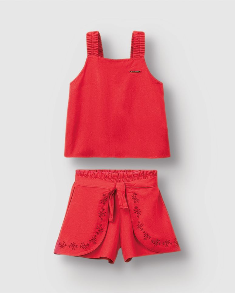 Conjunto Menina Shorts Detalhe Bordado Em Viscolinho Texturizado - Carinhoso