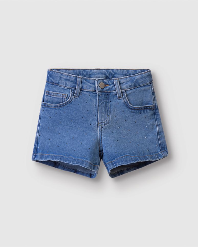 Shorts Menina Comfort Aplique Strass Em Jeans Com Elastano - Carinhoso