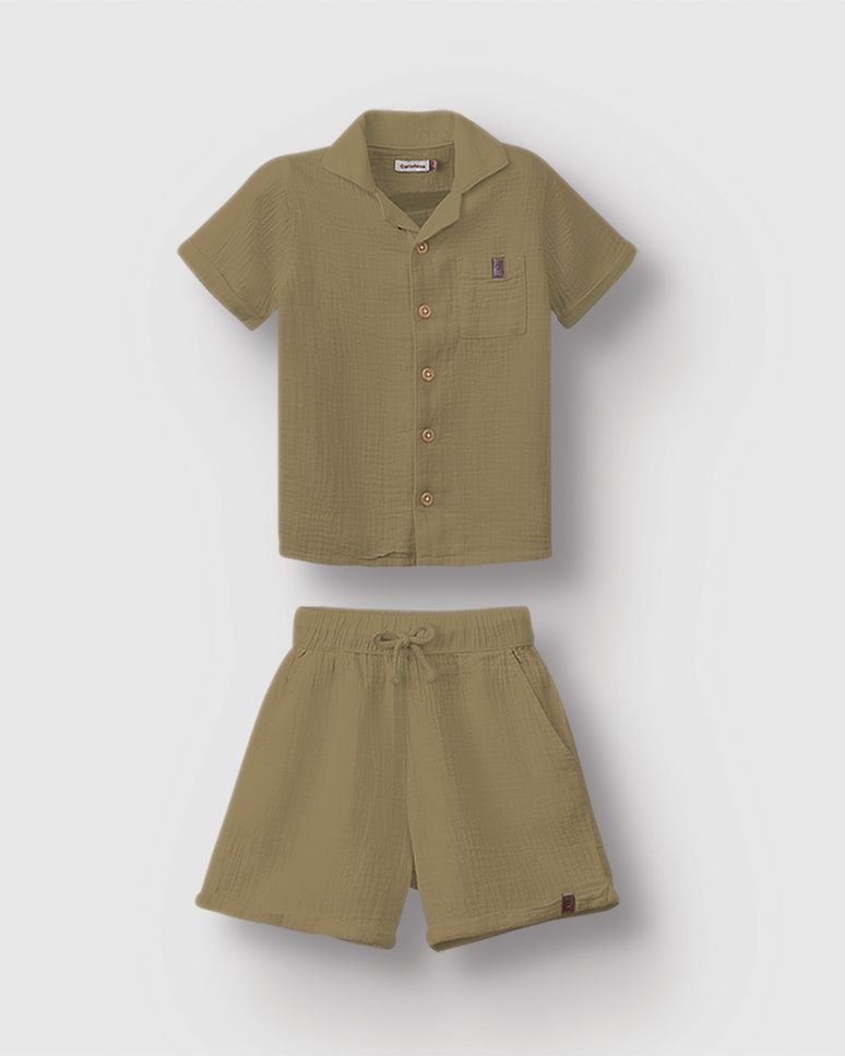 Conjunto Menino Camisa Bolso Frontal E Bermuda Tecido Com Textura - Carinhoso