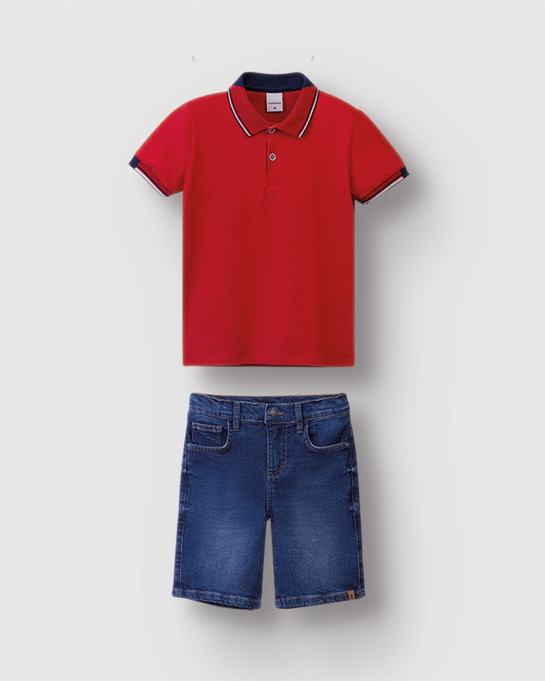 Conjunto Menino Bermuda Cós Ajustável Em Jeans Stretch - Carinhoso