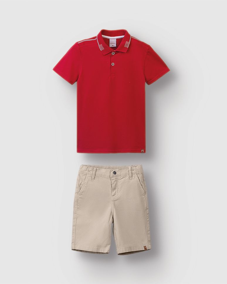 Conjunto Menino Camisa Polo Detalhe Gola E Bermuda Em Sarja - Carinhoso