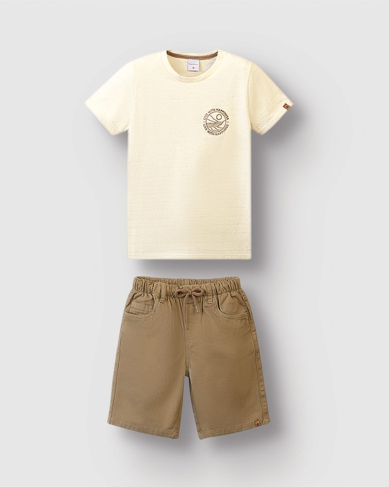 Conjunto Menino Camiseta Bordado Frontal Malha Linho Texturizada - Carinhoso