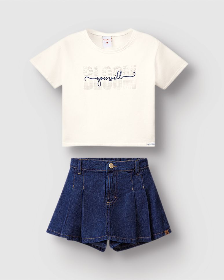 Conjunto Menina Blusa Bloom You Will Algodão E Shorts Saia Jeans - Carinhoso