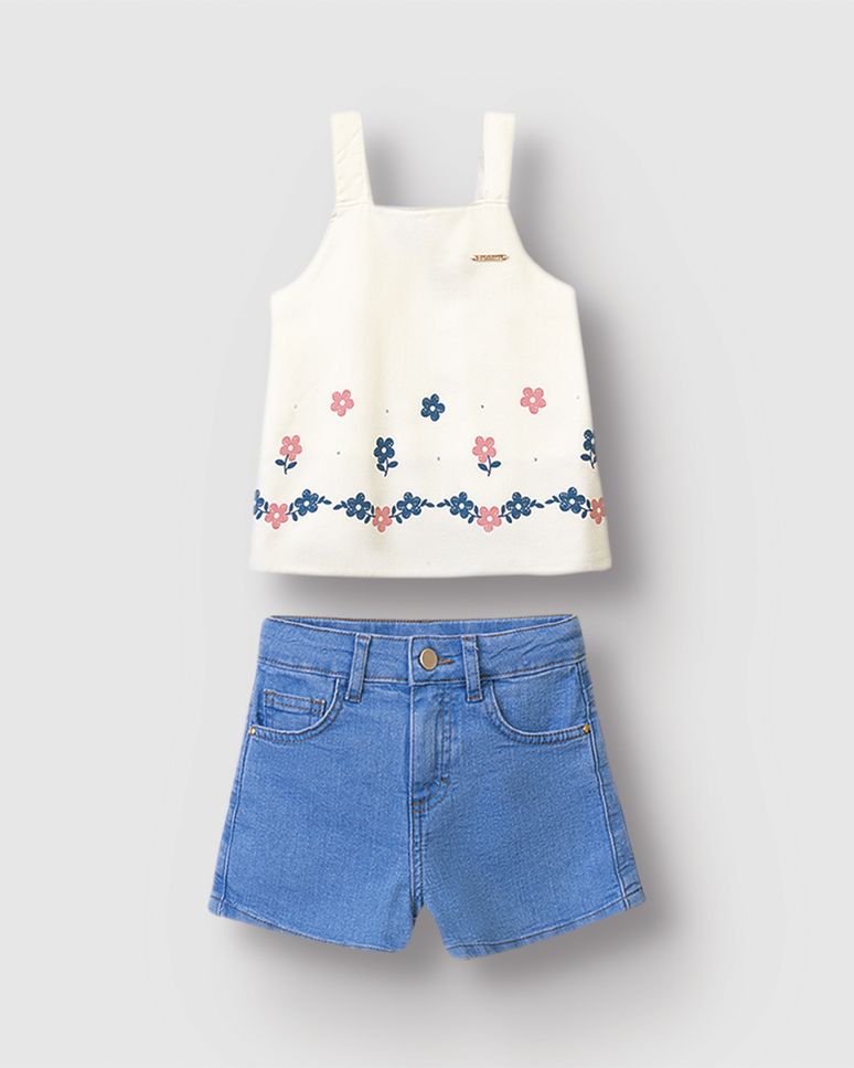 Conjunto Menina Blusa Estampa Puff Com Strass Em Crepe E Jeans - Carinhoso