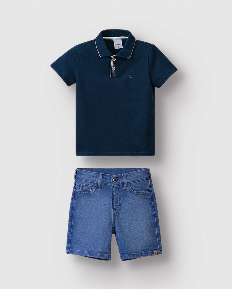 Conjunto Menino Camisa Polo E Bermuda Cós Ajustável Em Jeans Stretch - Carinhoso