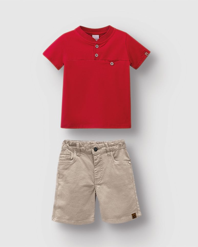 Conjunto Menino Camisa Peitilho Com Botões E Bermuda Em Algodão - Carinhoso