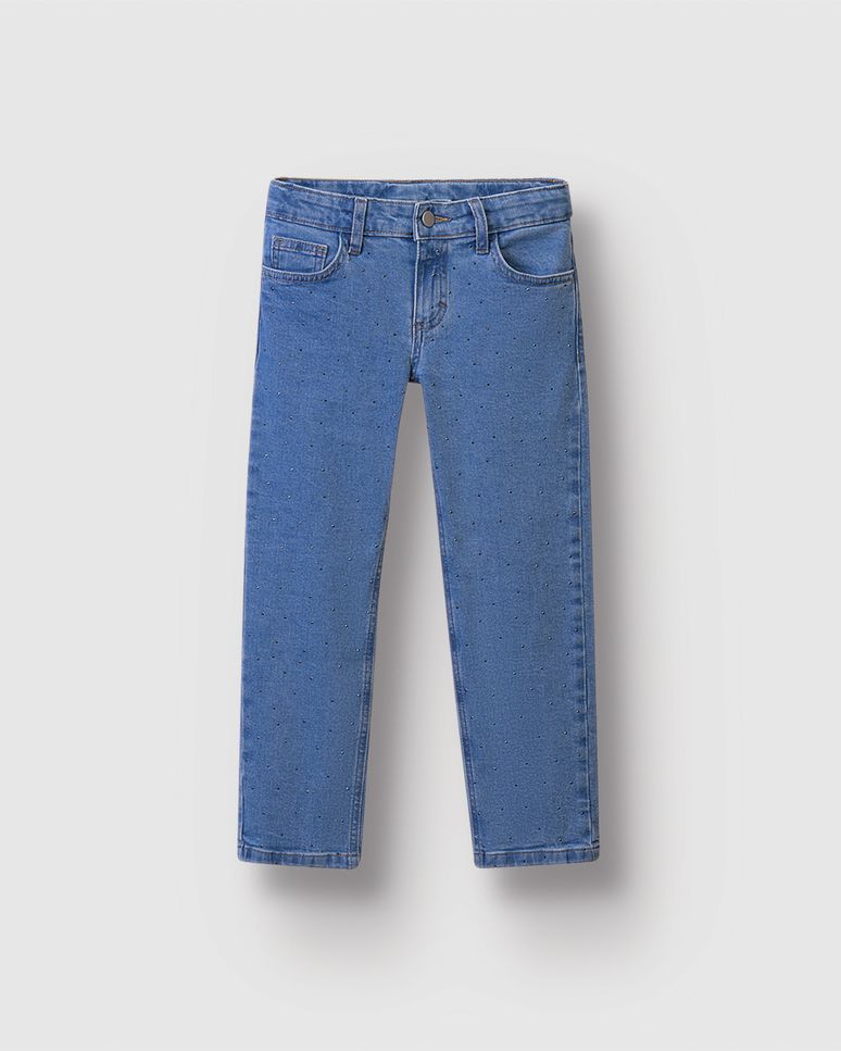 Calça Menina Reta Aplicação Strass Em Jeans Com Elastano - Carinhoso