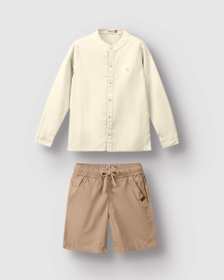 Conjunto Menino Camisa Manga Longa E Bermuda Em Tricoline - Carinhoso