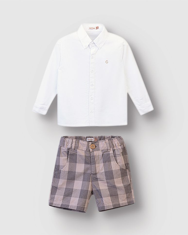 Conjunto Menino Camisa Manga Longa E Bermuda Estampa Xadrez - Carinhoso
