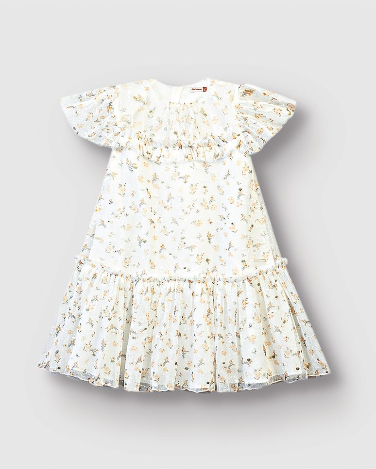 Vestido Menina Evasê Fecho Zíper Costas Em Tule Floral - Carinhoso