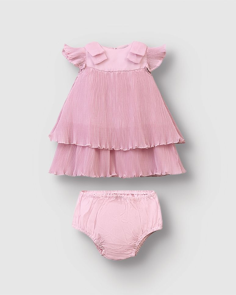 Conjunto Bebê Menina Vestido Crepe Plissado + Calcinha Tricoline - Carinhoso