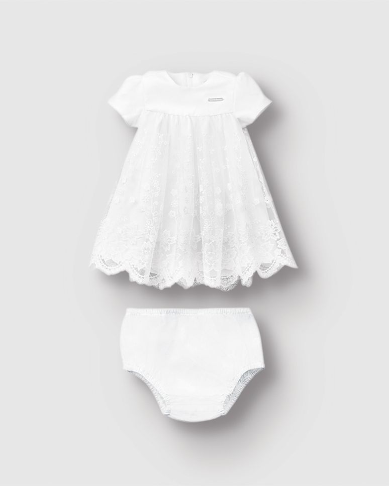 Conjunto Bebê Menina Vestido Tule Bordado + Calcinha Tricoline - Carinhoso