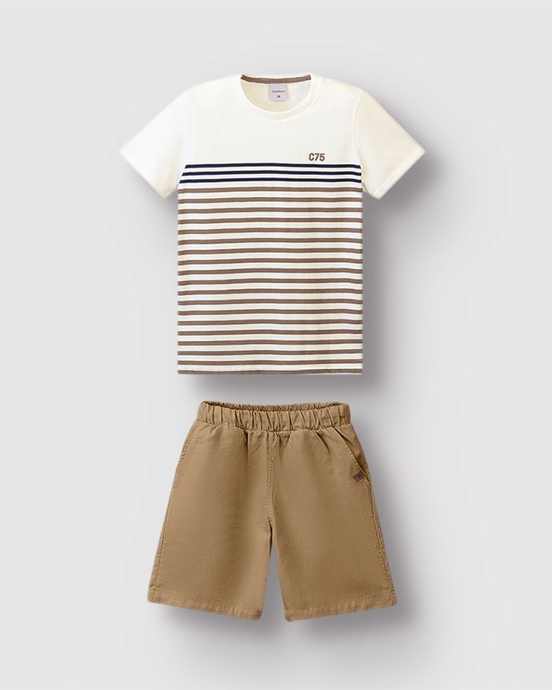 Conjunto Menino Camiseta Com Estampa Listras Em Algodão - Carinhoso