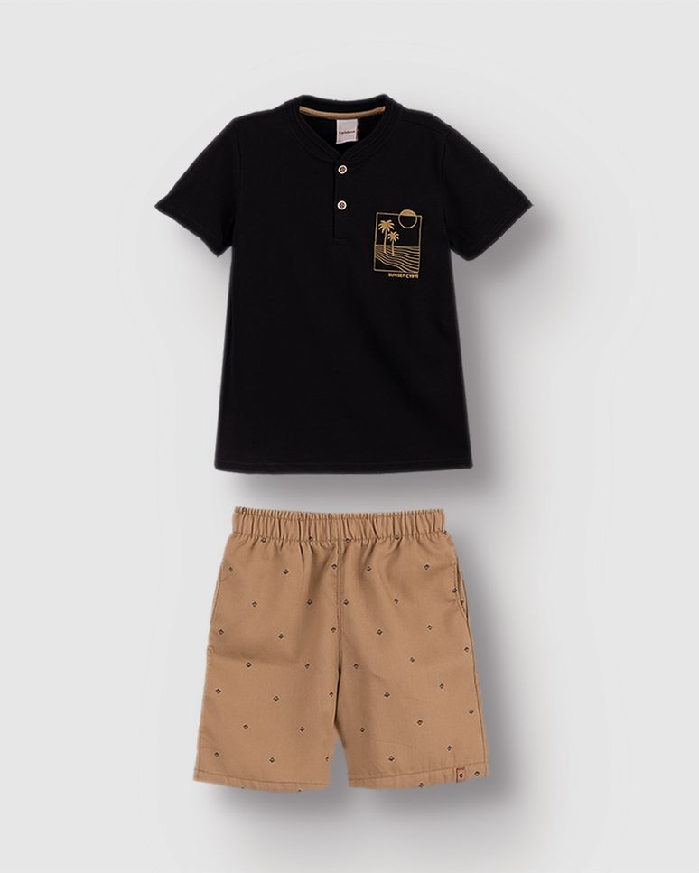 Conjunto Menino Camiseta Peitilho Com Botões E Bermuda Em Algodão - Carinhoso