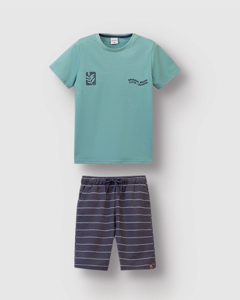 Conjunto Menino Camiseta E Bermuda Malha Texturizada Listrada - Carinhoso