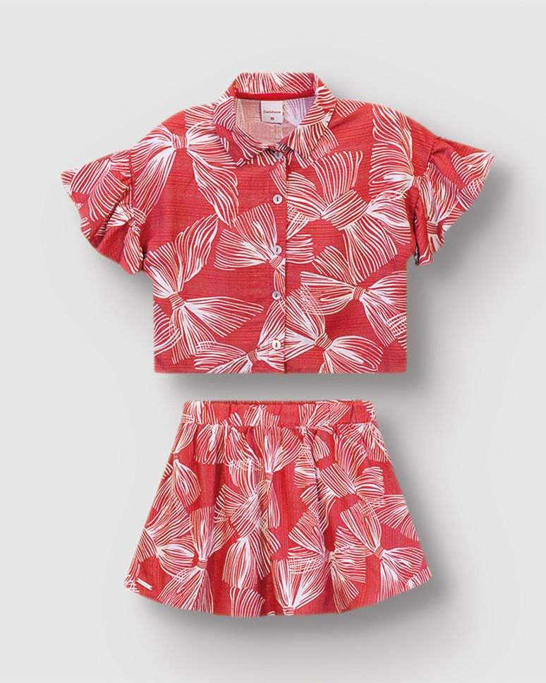 Conjunto Menina Camisa E Saia Estampa Laços Em Viscose Lurex - Carinhoso