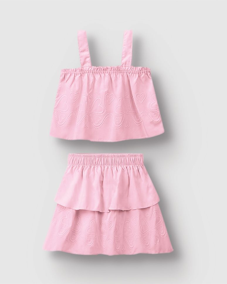 Conjunto Menina Blusa E Saia Com Detalhe Puff Em Viscose - Carinhoso